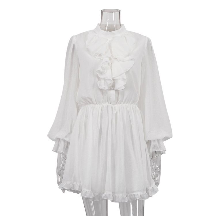 Women's French Style Elegant Short Dress Ruffled Hem Stand Collar Long Sleeves Elastic Waist A-Line Skirt Cross Border Design_ecoleips.com