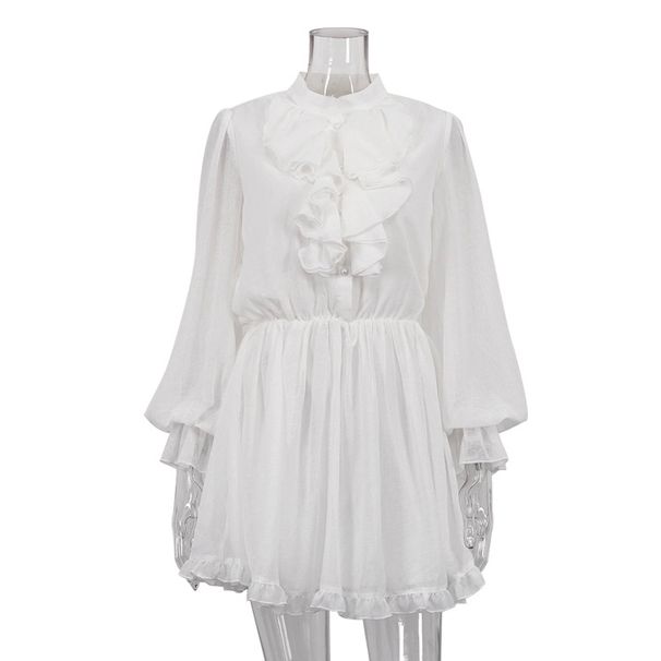 Women's French Style Elegant Short Dress Ruffled Hem Stand Collar Long Sleeves Elastic Waist A-Line Skirt Cross Border Design_ecoleips.com