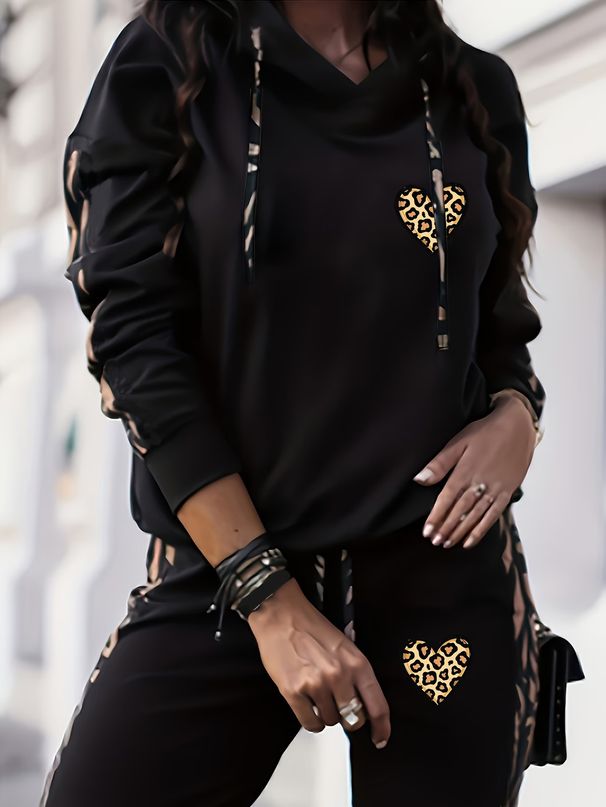 New Fashion Casual Women's Two Piece Set Leopard Print Heart Print Long Sleeved Hooded Top And Pants Spring Autumn 2026_ecoleips.com
