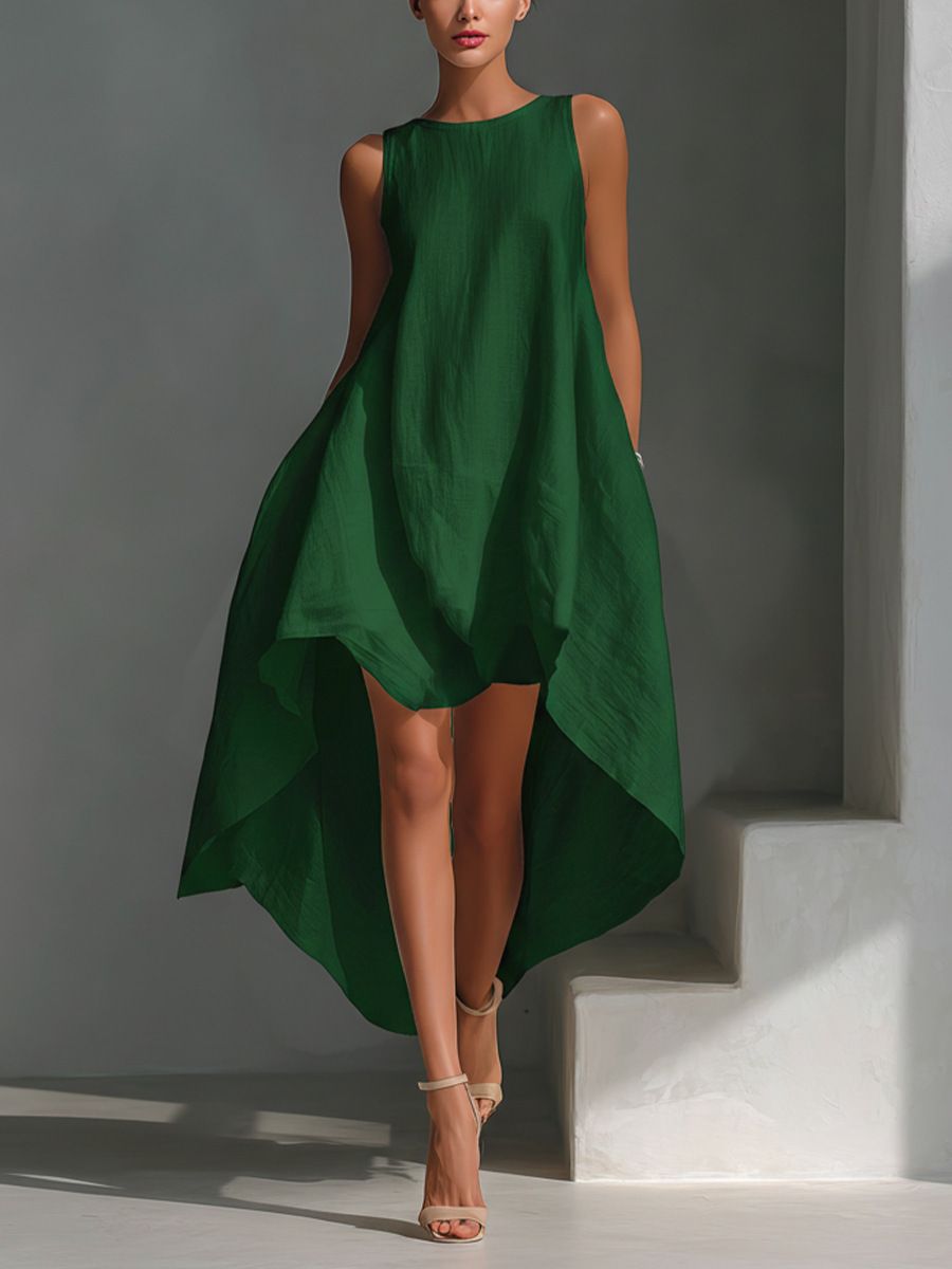 Summer Fashion Women's Sleeveless round Neck Dress Casual European American Style Solid Color Cross Border Irregular Design_ecoleips.com