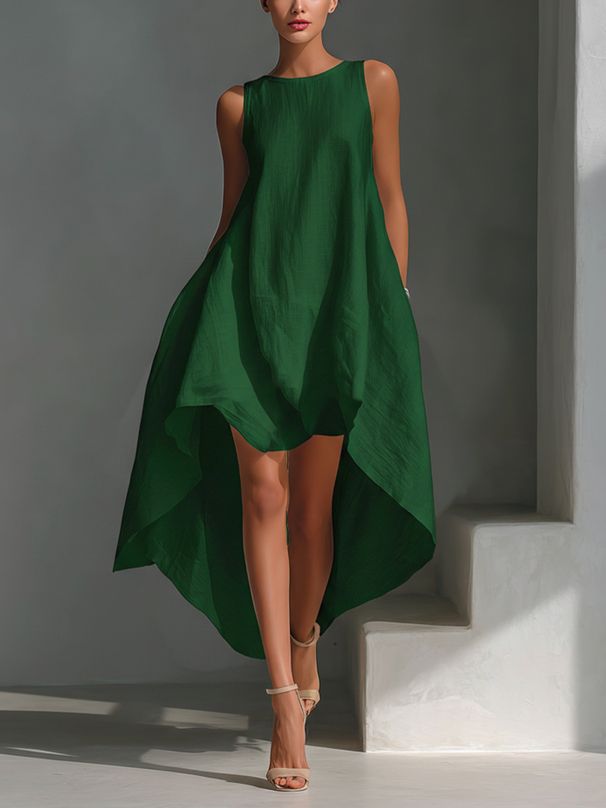 Summer Fashion Women's Sleeveless round Neck Dress Casual European American Style Solid Color Cross Border Irregular Design_ecoleips.com