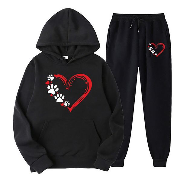 Women's Autumn And Winter Fashionable Casual Dog Paw And Heart-shaped Pattern Print Thickened Fleece Warm Hooded Sweatshirt+sports Pants Set-793_ecoleips.com