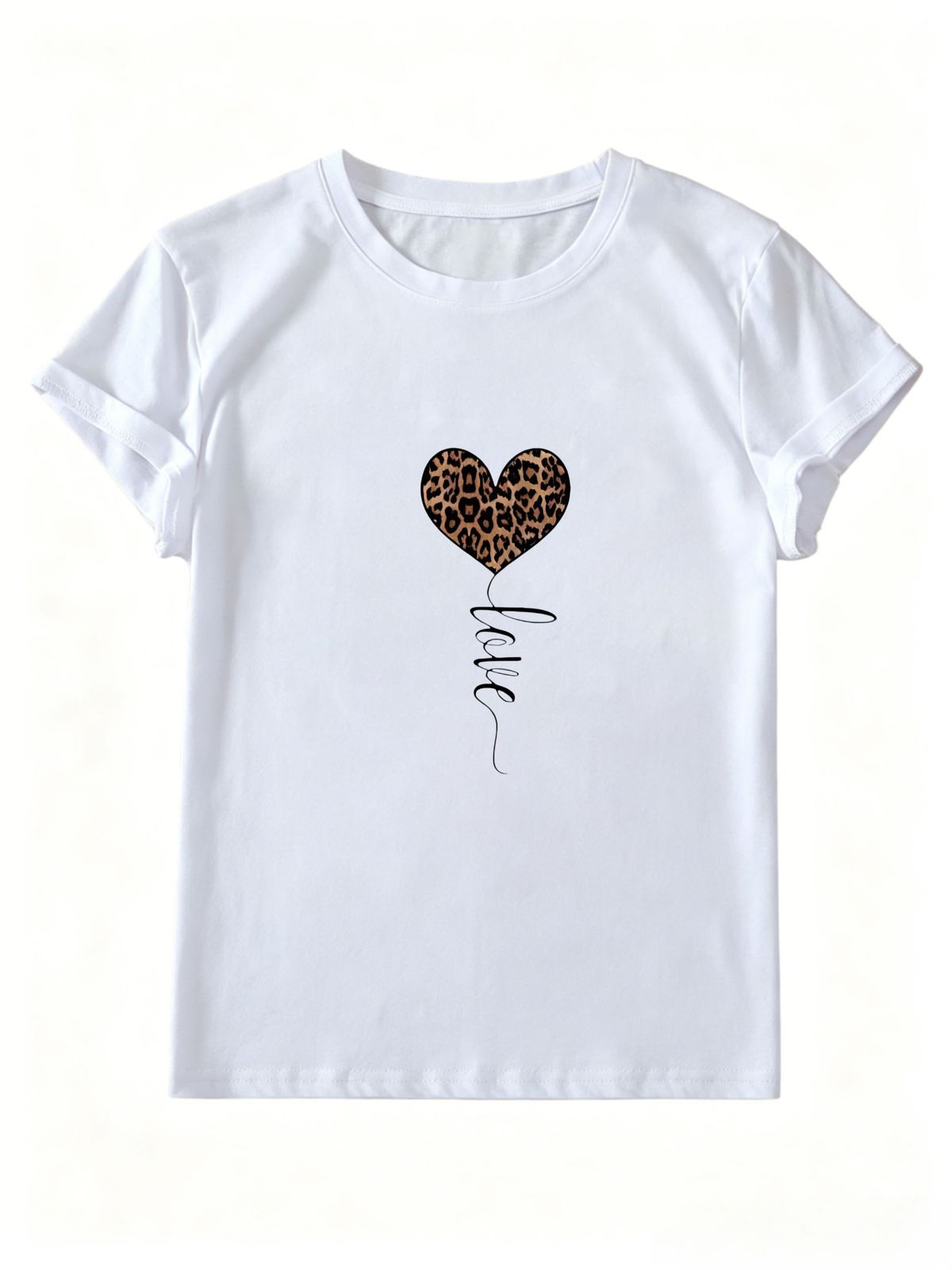 Women's Leopard Print Heart-shaped LOVE Short-sleeved T-shirt, Leopard Print Heart Balloon T-shirt, Casual Basic Everyday Top For Summer._ecoleips.com