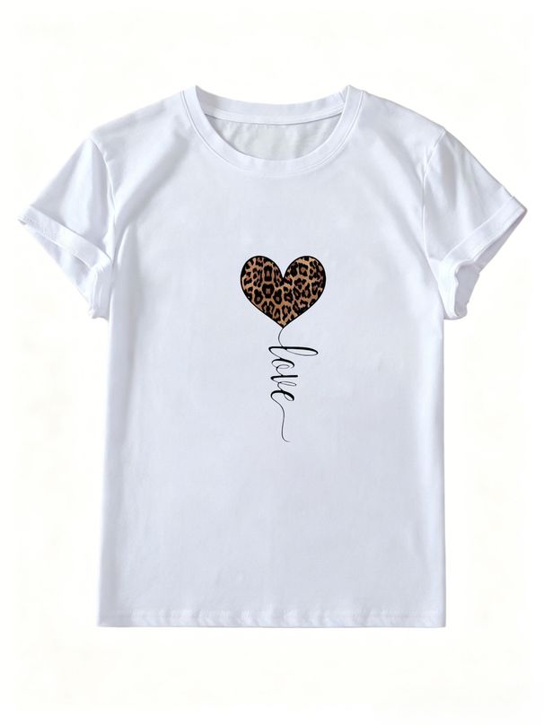 Women's Leopard Print Heart-shaped LOVE Short-sleeved T-shirt, Leopard Print Heart Balloon T-shirt, Casual Basic Everyday Top For Summer._ecoleips.com