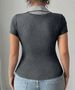 2026 Curvy Contrast Collar Short Sleeve T-Shirt, Spliced Shirt Neck High Stretch Slim Fit Casual Summer Top_ecoleips.com