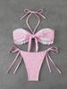 Women Pink Ditsy Floral 2 Piece Bikini Set Halter Tie Ruffle Edge Front Bow Side Tie High Cut Cheeky Bathing Suit Summer Beach Swimwear_ecoleips.com