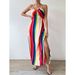 European American Women's High Waist Slimming Print Beach Dress Spring/Summer Fashion Suspender Slit Design Regular Size_ecoleips.com
