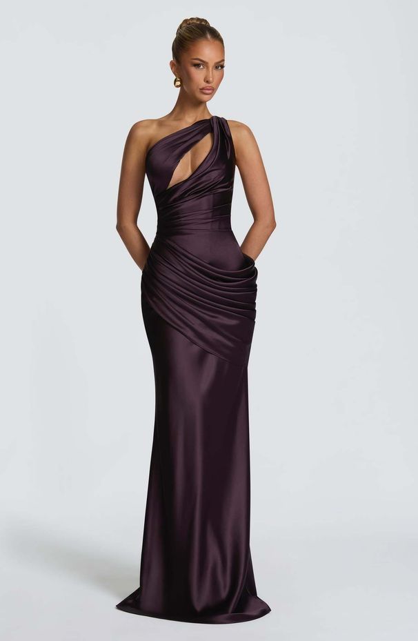 Women's Clothing Satin Off-Shoulder Long Dress Style Asymmetrical Pleated Waist Fishtail Draped Skirt Hollow Out Design_ecoleips.com