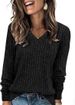 Women's Long Sleeve V-Neck Ribbed T-Shirt - Soft Polyester Blend Casual Top For Autumn & Winter - Loose Fit Comfortable Daily Wear_ecoleips.com