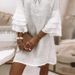 Spring/Summer Women's Dress: Lace-Stitched Design With V-Neck And Short Sleeves; Made Of White Cotton-Linen Fabric._ecoleips.com