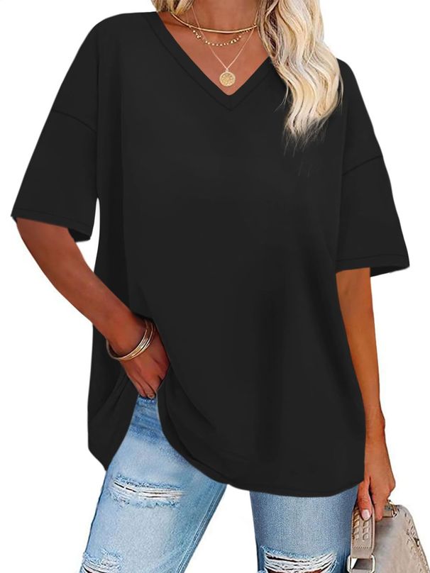 ADOREJOY Oversized Tshirts For Women V Neck Summer Graphic Tees Casual Short Sleeve Loose Tops 2026_ecoleips.com