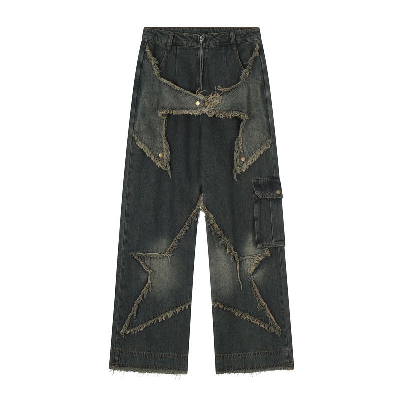 European American Trendy Slim Jeans For Women, Autumn And Winter Vintage Design With Star Patches, Distressed_ecoleips.com