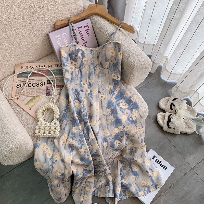 Women’s Clothing French Oil Painting Floral Dress Female Temperament Design Waist Romantic Seaside Holiday Suspender Long Dress_ecoleips.com