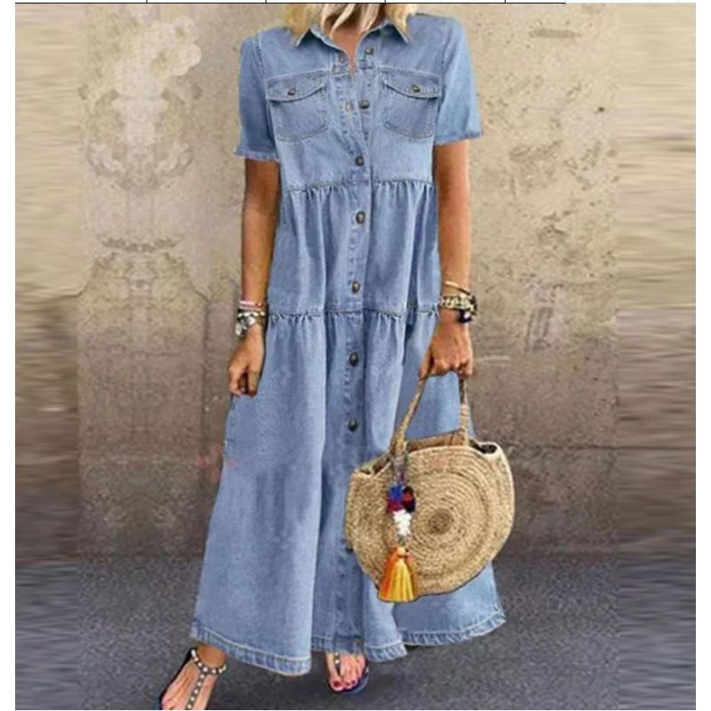 Women's Clothing Distressed Dress Long Multi-Button Denim Style_ecoleips.com