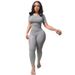 plus Size Sports Two Piece Set for Women 2023 Ribbed High Elastic Solid Color Cross Border Hot Selling Amazon Regular Thickness_ecoleips.com