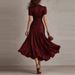 2026 Summer Short Sleeved High Waist Robe Dress Elegant Pleated Party Long Dresses Retro Solid Color Lapel Swing Commuting Dress_ecoleips.com