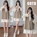 Autumn New Korean Fashion Khaki Vest Two-Piece Maternity Dress_ecoleips.com
