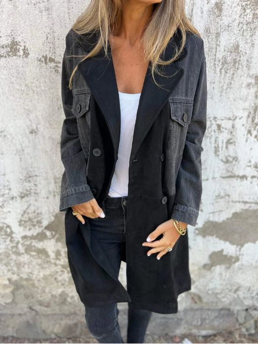 Women's Clothing Suit Collar Denim Splicing Mid Length Coat For Women_ecoleips.com