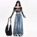 American High Street Design Splash Paint Graffiti Wide-Leg Jeans For Women, Autumn Vintage Distressed Post-Apocalyptic_ecoleips.com