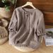 Summer Collar With Tie; Solid-Color Lantern-Sleeved Cotton-Linen Short-Sleeved Top For Women Loose-Fitting, Casual, Ar_ecoleips.com