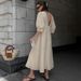 Women's Clothing Ins Simple Linen V Neck Puff Sleeve Backless Lace Up Dress Spring And Autumn_ecoleips.com