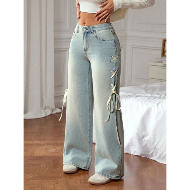 Women's Clothing Plus Size Side Ribbon Stretch Jeans - Flowy Straight Leg Denim Pants With Adjustable Waist Tie_ecoleips.com