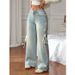Women's Clothing Plus Size Side Ribbon Stretch Jeans - Flowy Straight Leg Denim Pants With Adjustable Waist Tie_ecoleips.com