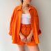Crinkle Cotton Two-Piece Set – Oversized Lapel Shirt + High-Waisted Drawstring Shorts, Plus Size Loungewear (White/Orange/Army Green)_ecoleips.com
