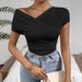 Women's Clothing Spring And Summer Pleated Oblique Collar V Neck Sexy Tops Women's Short Sleeved T Shirt_ecoleips.com