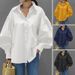Women's Clothing Casual Shirts Casual Lantern Sleeve Lapel Tops Retro Solid Color Tops Women Office Ladies Shirts_ecoleips.com