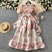 European And American Court Style Temperament Retro V Neck Mesh Lantern Sleeves Tie Waist Design Large Swing Print Dress_ecoleips.com