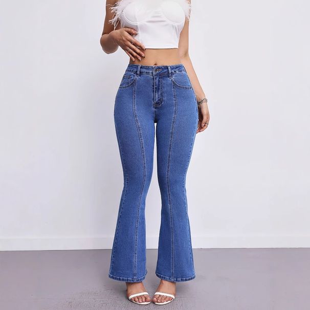 Women's Slimming High Elasticity Jeans mid Waist Flared Pants European American Style Fashionable Versatile Solid Color Cotton Denim_ecoleips.com