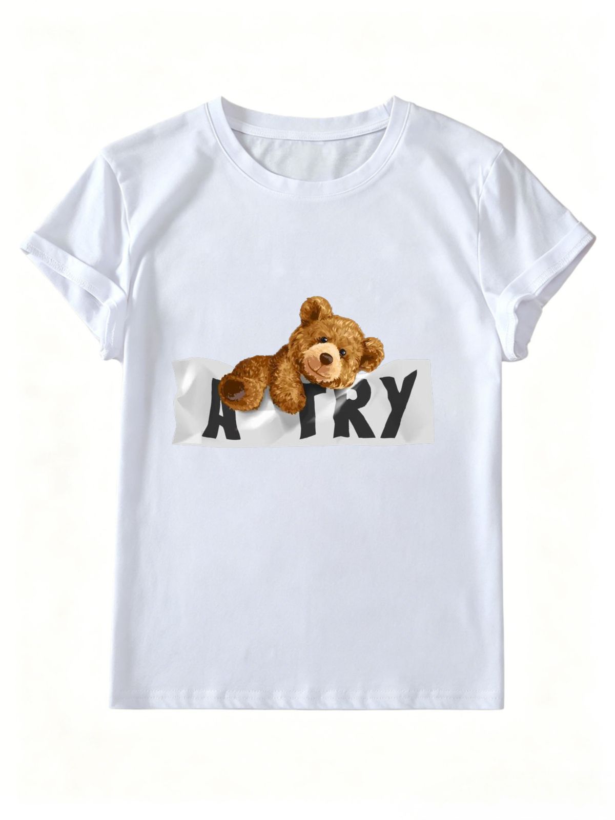 Women Cute Peeking Teddy Bear A TRY Letter Graphic T Shirt Round Neck Short Sleeve Loose Casual Summer Street Tops_ecoleips.com
