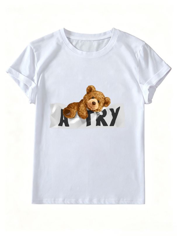 Women Cute Peeking Teddy Bear A TRY Letter Graphic T Shirt Round Neck Short Sleeve Loose Casual Summer Street Tops_ecoleips.com