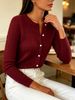 Burgundy Cable Pit Rib Knit Cardigan, Loose Lightweight Breathable Soft Skin-touch Button Long Sleeve Jacket_ecoleips.com