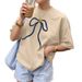 Women's Minimalist Style Base Layer T-Shirt Navy Blue Bow Print Short Sleeve Summer Top_ecoleips.com