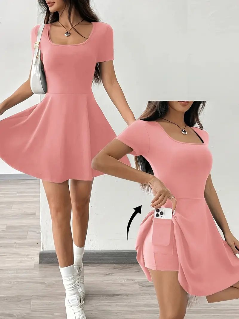 Casual Knit Mini Dress – Square Neck & Short Sleeve (Dark Blue/Olive Green/Rose Pink, S-XXXL) – High-Density Milk Silk Polyester, Relaxed Fit_ecoleips.com