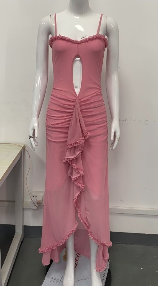 Women's Clothing New High End Design Hollow Solid Color Slit Irregular Suspender Dress_ecoleips.com