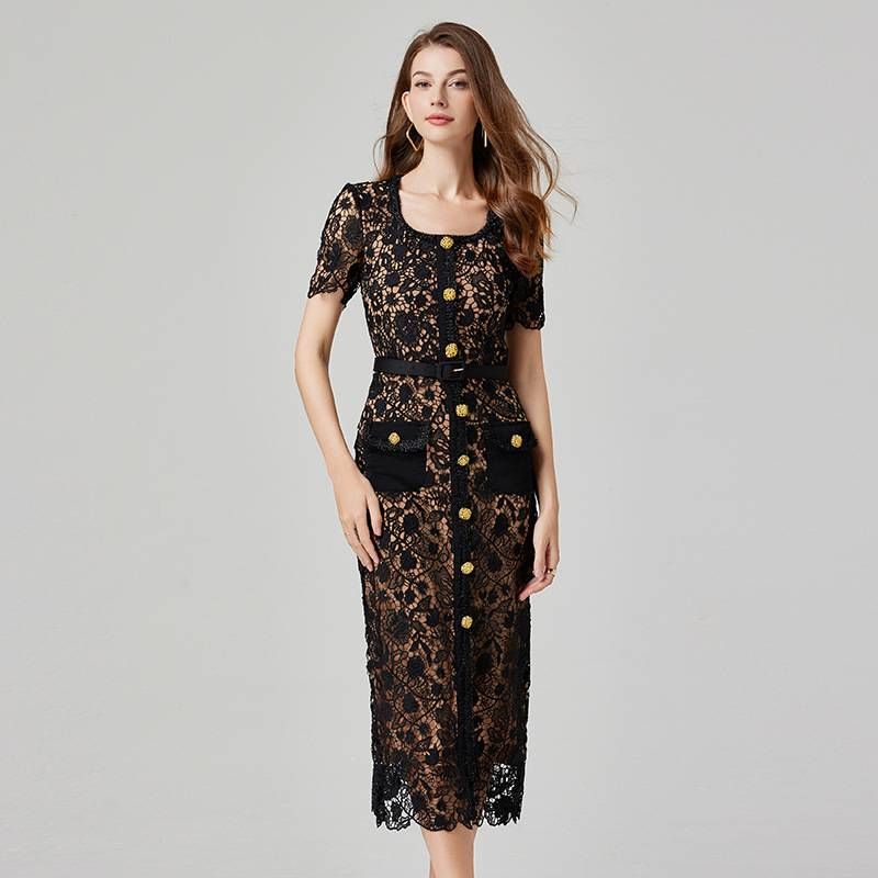 Women's Clothing High-end Lace Dress Spring And Summer New Design V-neck Slimming Elegant Celebrity Ladies Little Black Dress_ecoleips.com