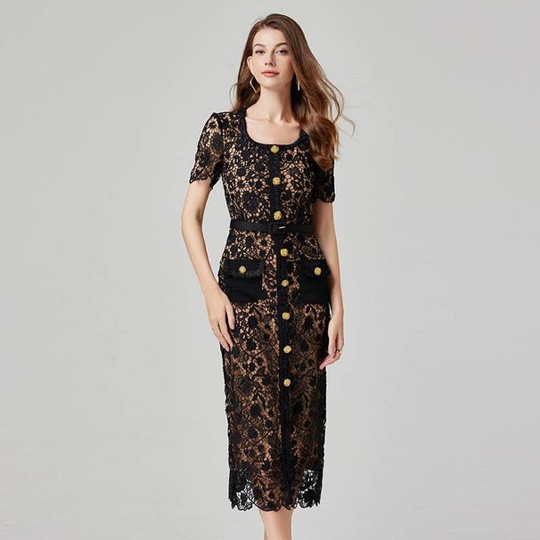 Women's Clothing High-end Lace Dress Spring And Summer New Design V-neck Slimming Elegant Celebrity Ladies Little Black Dress_ecoleips.com