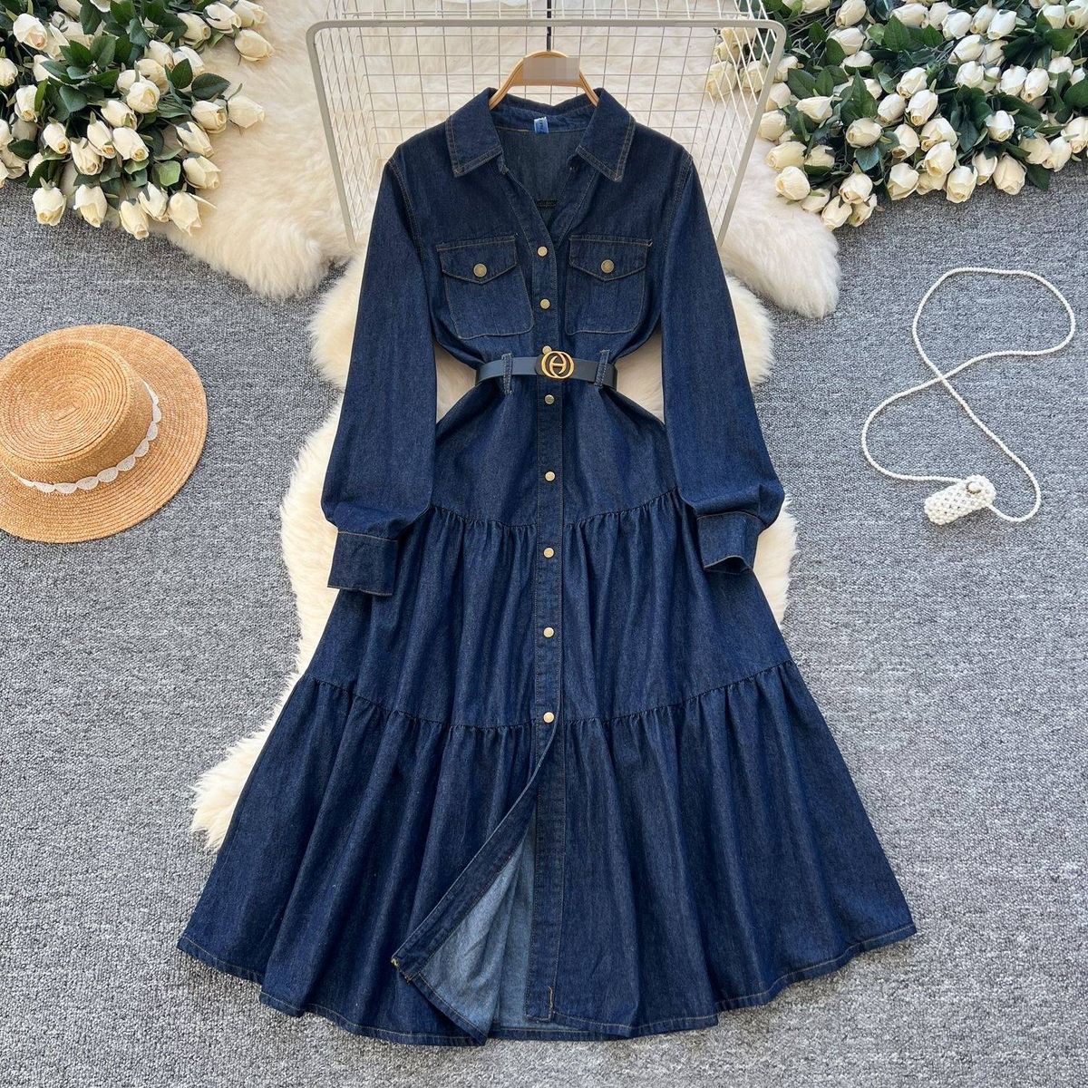 Sophisticated Denim Midi Dress – High-Waisted A-Line With Belt & Polo Collar, Stretch Polyester Blend For Office Elegance (S-Xl, Navy)_ecoleips.com