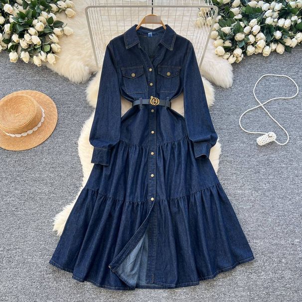 Sophisticated Denim Midi Dress – High-Waisted A-Line With Belt & Polo Collar, Stretch Polyester Blend For Office Elegance (S-Xl, Navy)_ecoleips.com