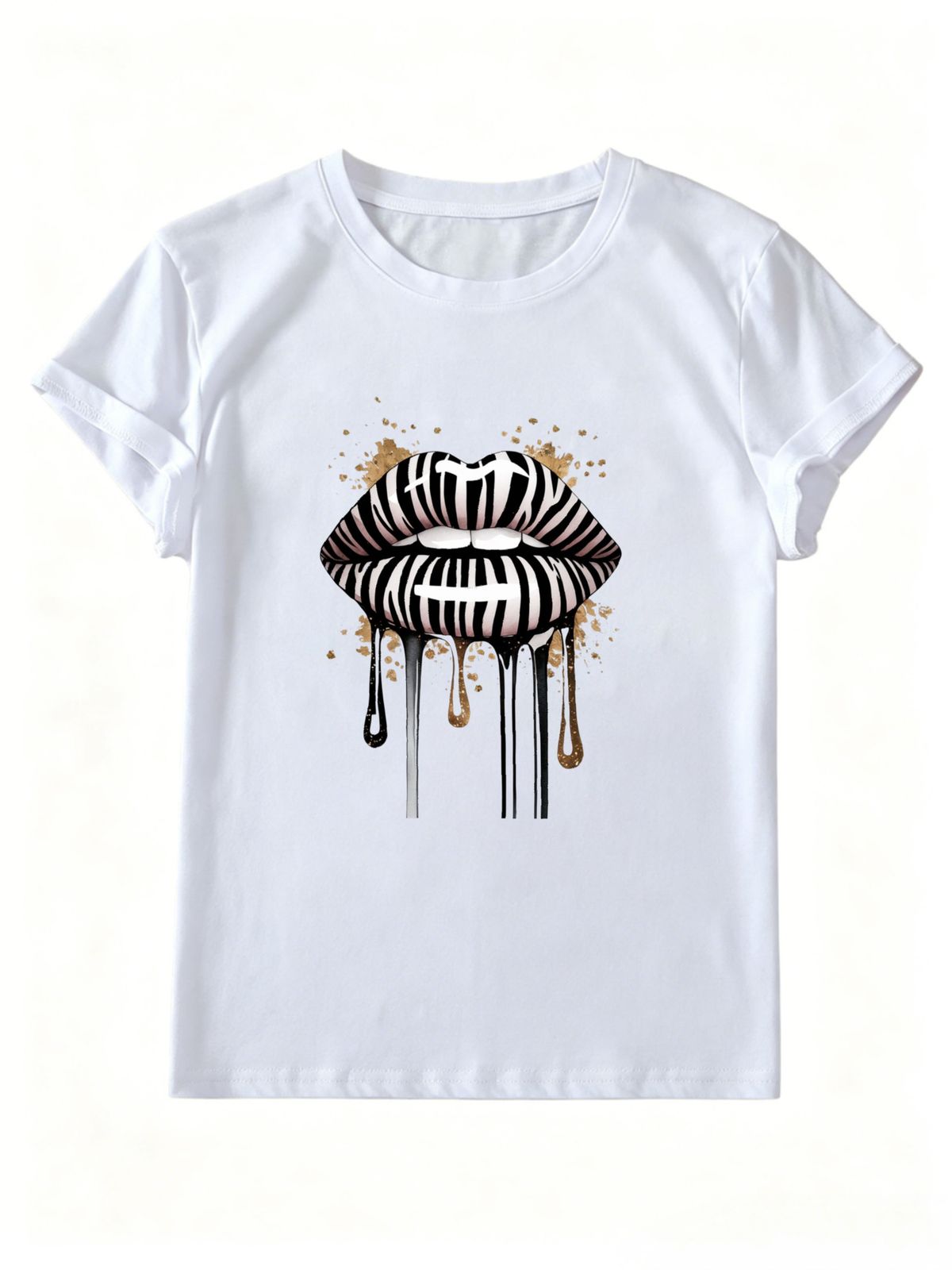 Women Zebra Stripe Dripping Lips Graphic T Shirt Gold Splash Ink Print Crew Neck Short Sleeve Y2K Streetwear Casual Summer Tee_ecoleips.com