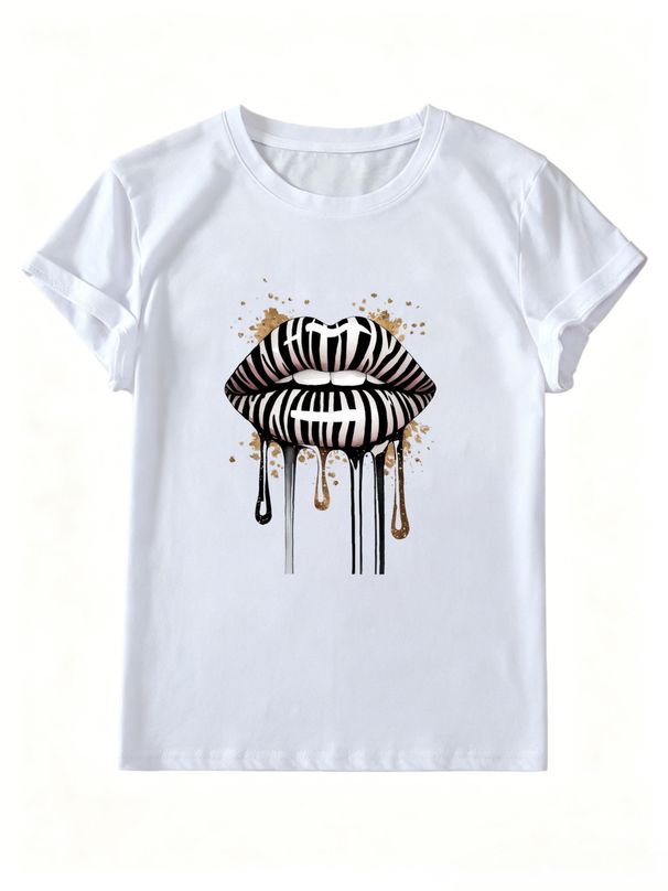 Women Zebra Stripe Dripping Lips Graphic T Shirt Gold Splash Ink Print Crew Neck Short Sleeve Y2K Streetwear Casual Summer Tee_ecoleips.com
