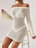 Women Soft Skin-Friendly Breathable Hollow Knit Cover Up Dress Off Shoulder Flare Long Sleeve Loose Drawstring Side Mini Knit Tunic_ecoleips.com