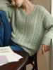 V-Neck Cable Knit Openwork Long Sleeve Sweater_ecoleips.com