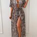 In 1 Swimwear Set White Triangle Bikini Geometric Print Short Sleeve Long Kimono Cover Up Women Beach Robe_ecoleips.com
