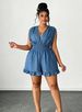 Curvy Faux Denim Sleeveless Romper, V Neck Back Bow Ruffle Flared Hem For Date Beach Festival_ecoleips.com