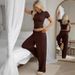 European And American Summer New Pink Milk Silk Short Sleeve Long Pants Pajama Set Cross-Border Wholesale Women's_ecoleips.com
