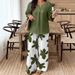 Plus Size Casual Floral Print Lounge Set - Comfortable Elastic Waist Pants & Short Sleeve Top (Army Green, 1XL-4XL)_ecoleips.com